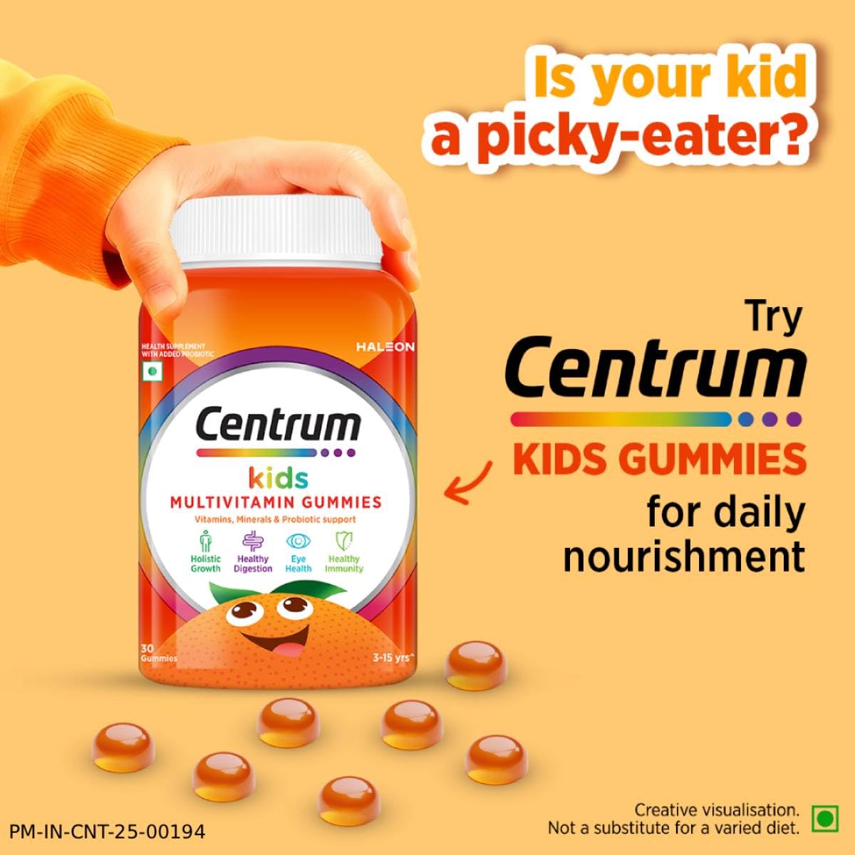 Centrum Kids, World's No.1 Multivitamin with Probiotics, Vitamin C & 11 other nutrients for Immunity, Healthy Digestion & Eye Health (Veg)- 30 Gummies