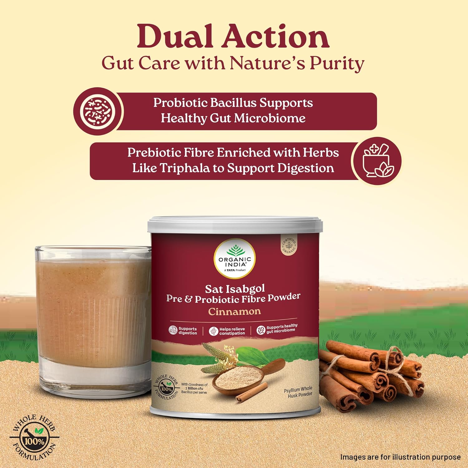 Organic India Sat Isabgol Pre & Probiotic Fibre Powder Cinnamon | 100g