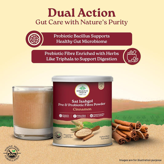 Organic India Sat Isabgol Pre & Probiotic Fibre Powder Cinnamon | 100g