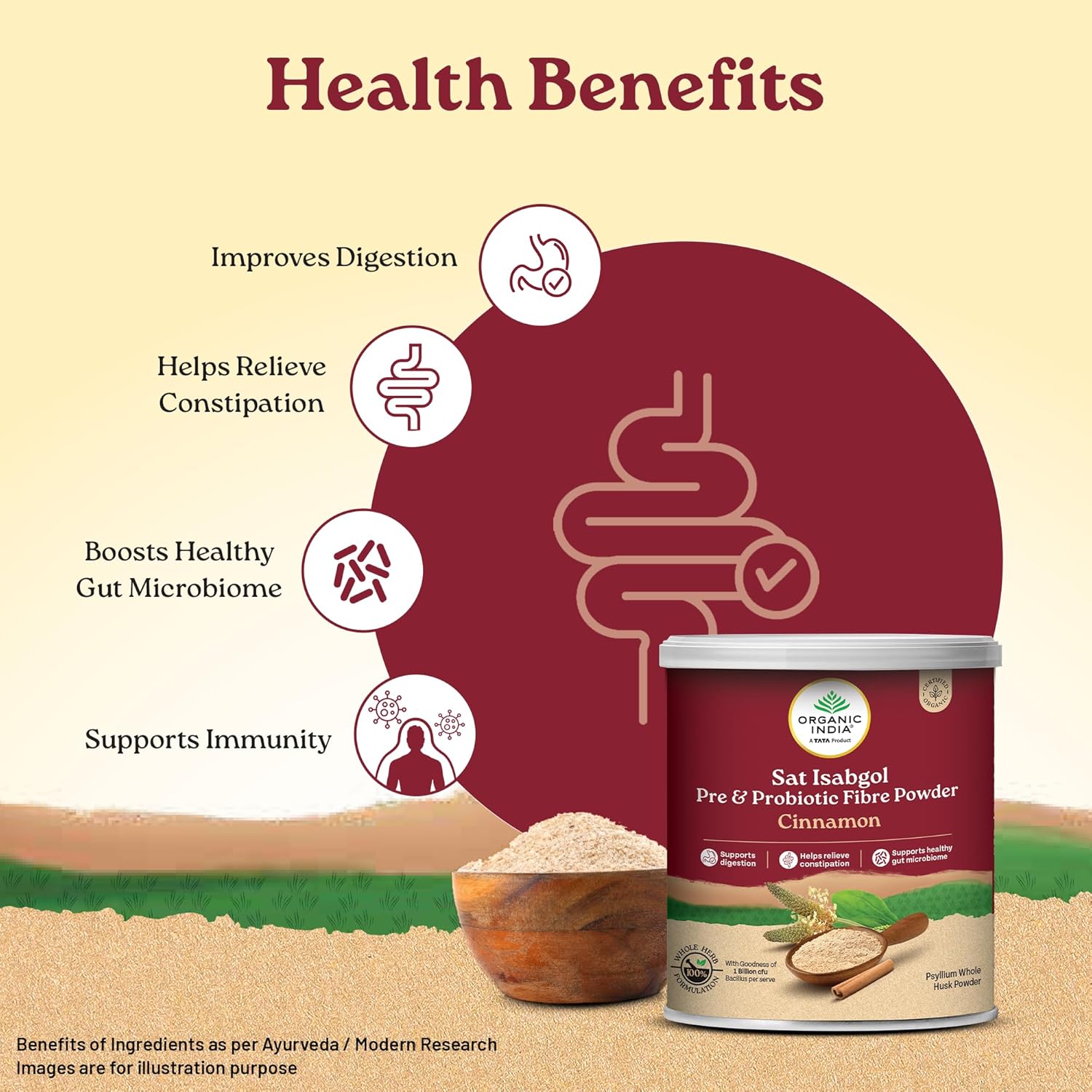 Organic India Sat Isabgol Pre & Probiotic Fibre Powder Cinnamon | 100g