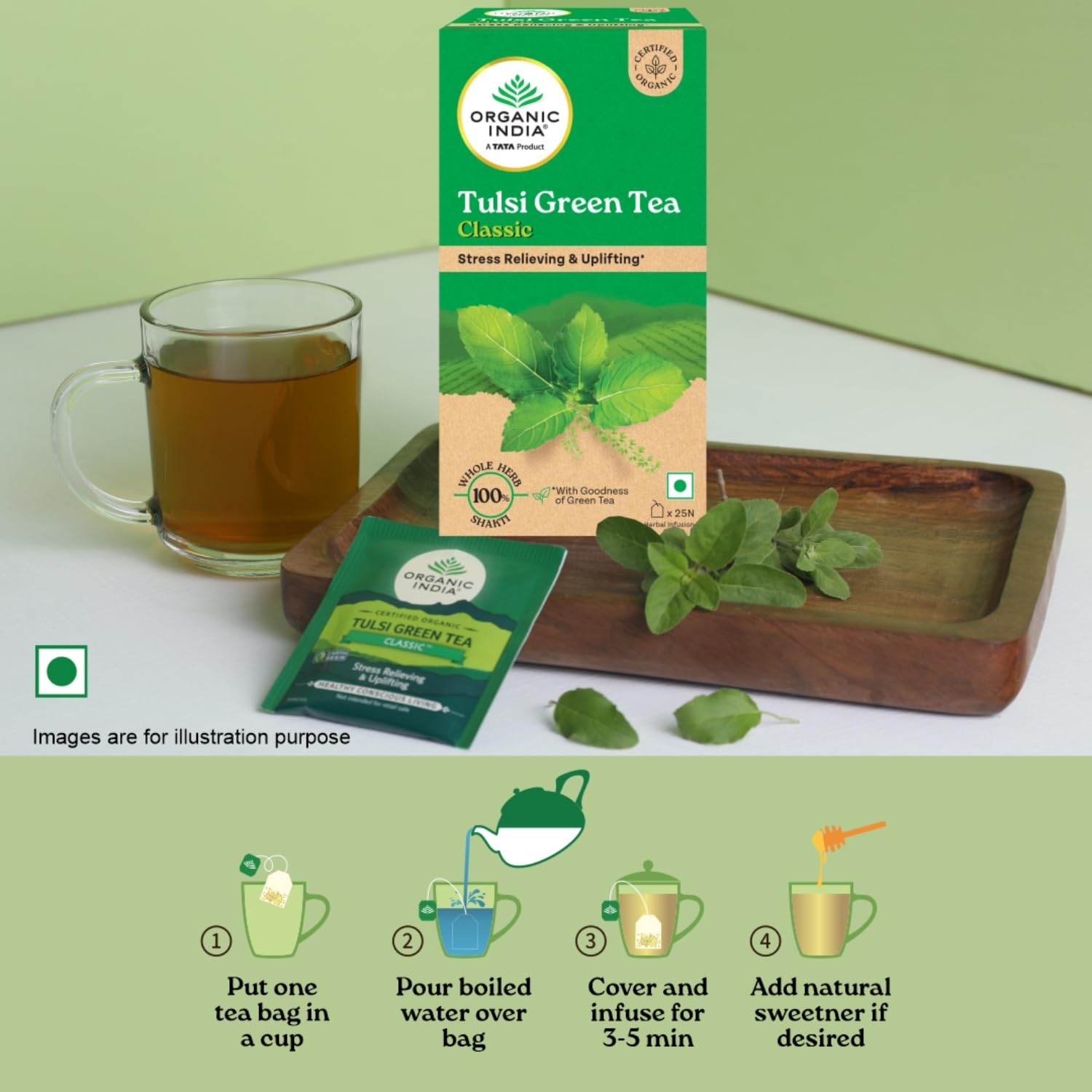 Organic India Tulsi Green Tea Classic - 25 Tea Bags, Uplifts Mood, Rich in Antioxidants, Blend of Rama, Krishna & Vana Tulsi, Certified Organic