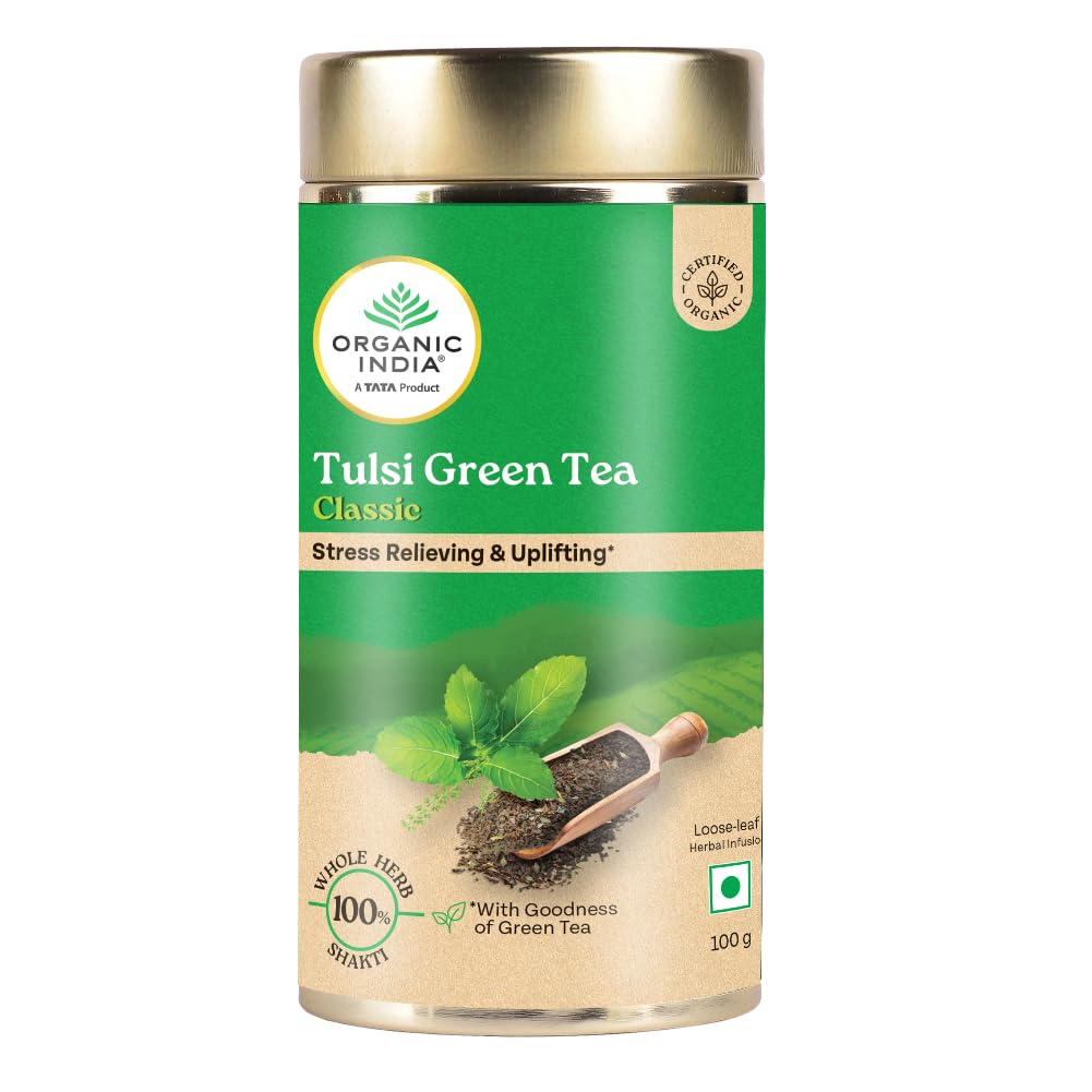 Organic India Tulsi Green Tea Classic Loose Leaves - 100g, Stress Relieving, Uplifts Mood, Rich in Antioxidants, Blend of Rama, Krishna