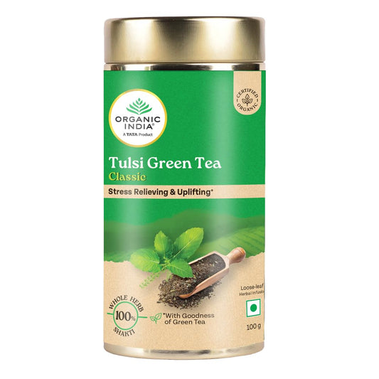 Organic India Tulsi Green Tea Classic Loose Leaves - 100g, Stress Relieving, Uplifts Mood, Rich in Antioxidants, Blend of Rama, Krishna