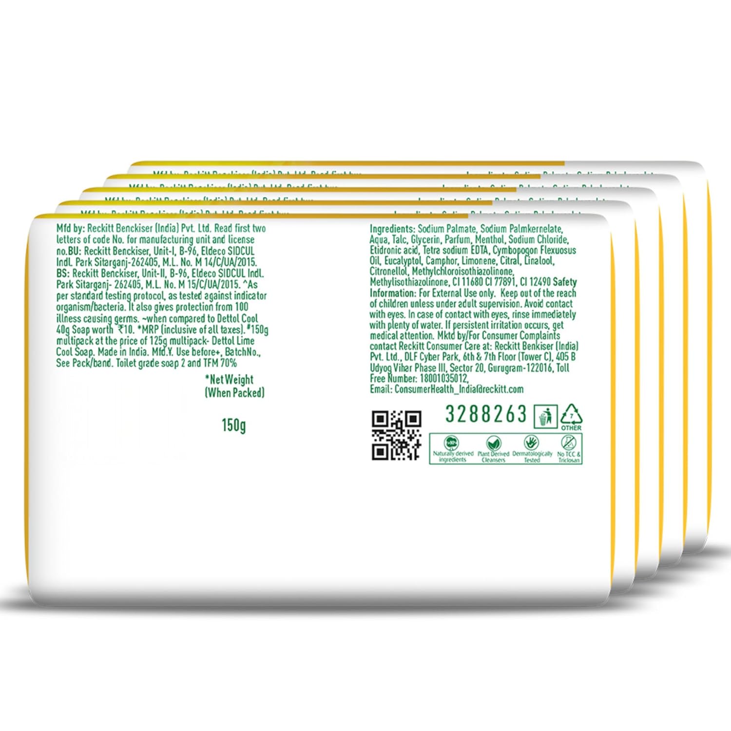 Dettol Lime Fresh (Lime Cool) Bathing Soap Bar with 12hr Freshness (600gm) |Long Lasting Freshness, 150gm Pack of 4