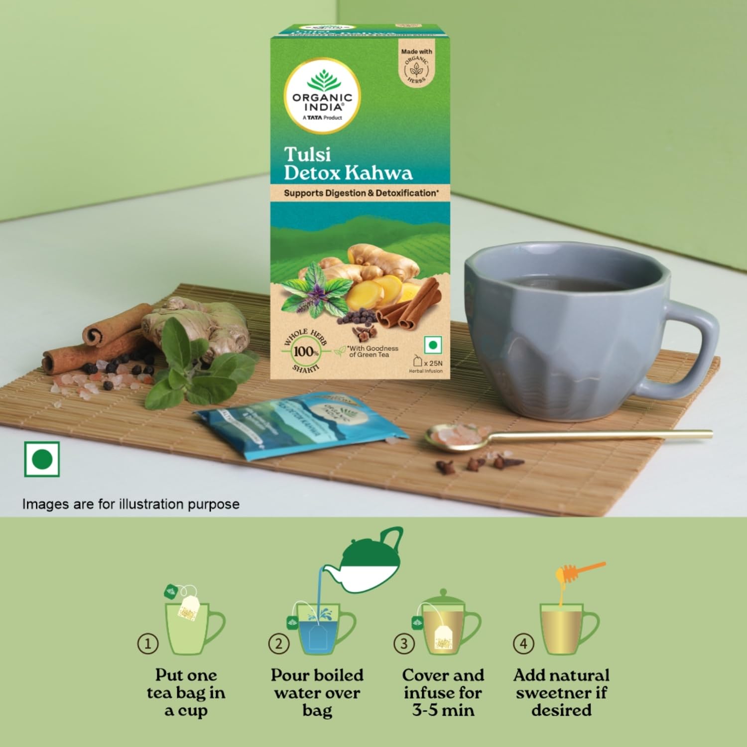 Organic India Tulsi Detox Kahwa - 25 Tea Bags, Helps Improve Digestion & Detoxification, Rich in Antioxidants
