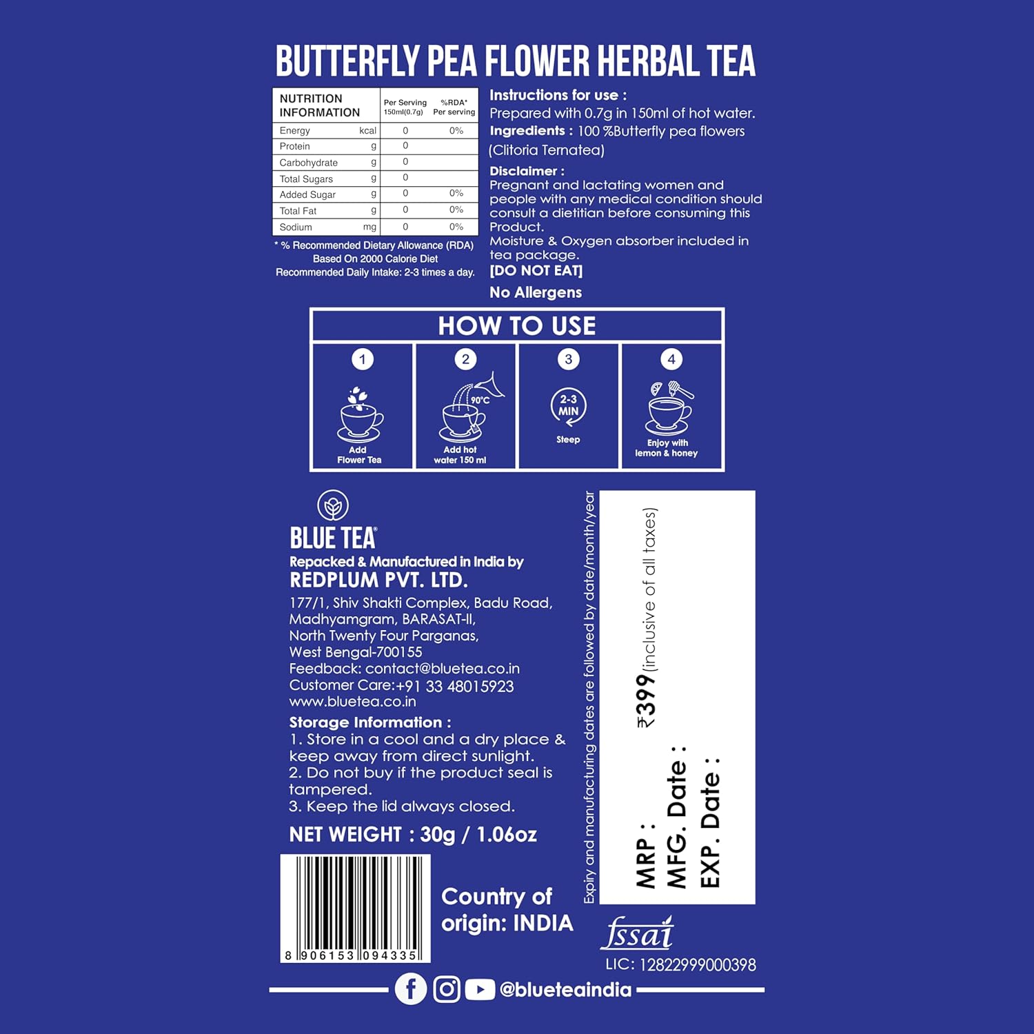 Blue Tea Butterfly Pea Herbal Tea Bags | Anti-Oxidant Rich Herbal Flower Based Caffeine Free - No Preservatives | Detox Tea Natural Premium Herbal Tea - 30 Teabags
