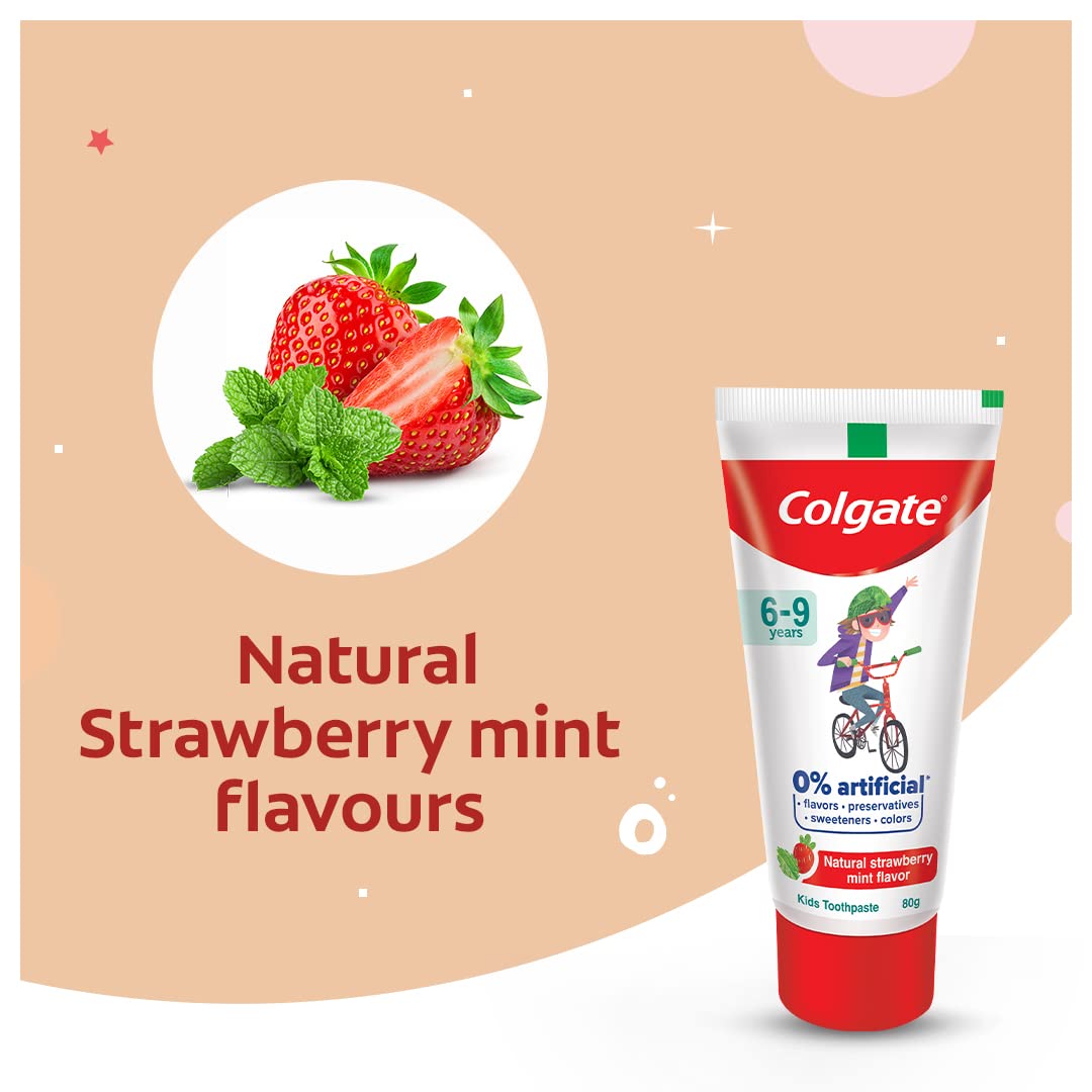 Colgate Kids Toothpaste with 0% Artificial Preservatives, Colours, Sweeteners for Whitening (6-9 Years, Natural Strawberry Mint Flavour - 80g