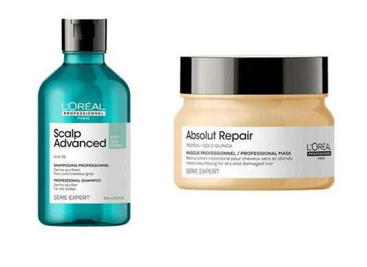 LOreal Paris Professionnel Scalp Advanced Anti-Oiliness Dermo-Purifier Shampoo Absolut Repair Professional Hair Mask - Combo 300ml + 250ml