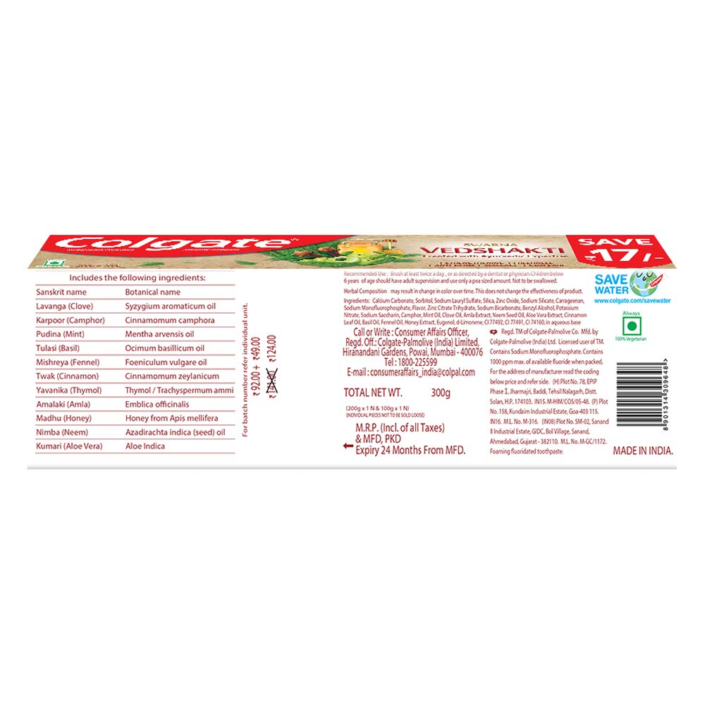 Colgate Swarna Vedshakti Toothpaste - 300Gm - Massage, Freshness, Strengthening