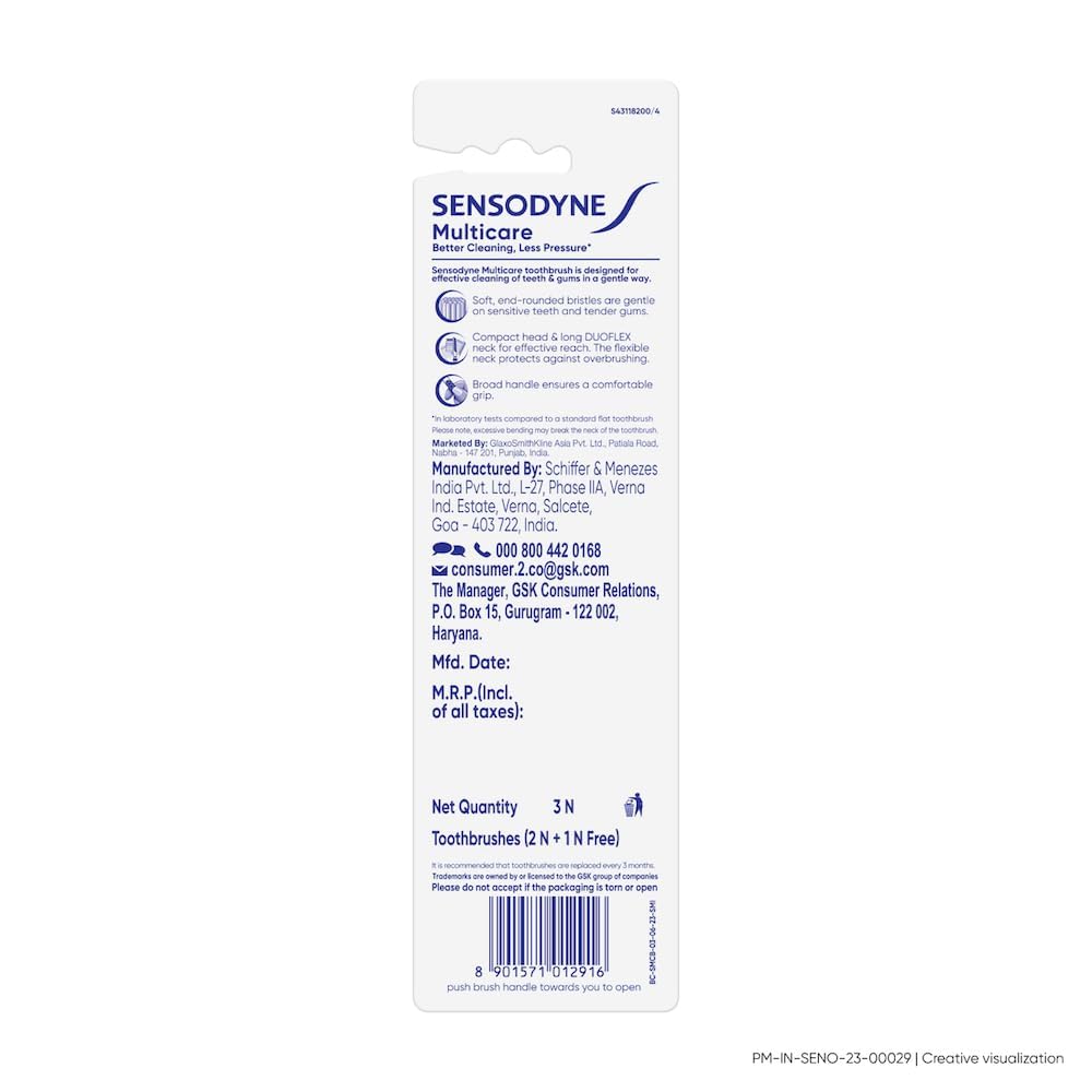 Sensodyne Adult Multicare Manual Toothbrush - Flexible Neck For Soft & Gentle Cleaning - Multipack (2+1)
