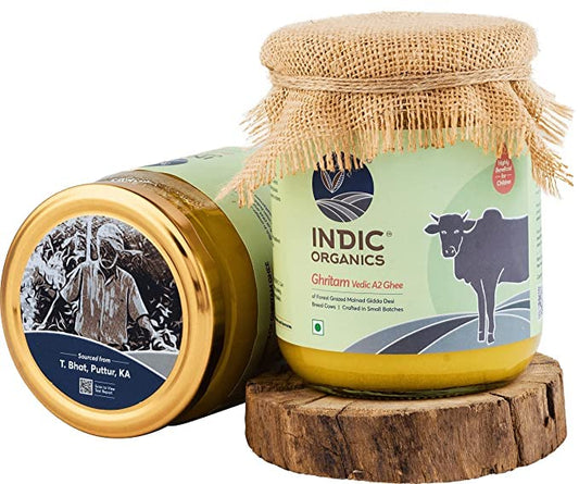 Indic Organics Forest Grazing Malnad Gidda Desi Cow's A2 Ghee | Pure Desi Cow Ghee | Cultured Premium Ghee - 250 ml - Pack of 1