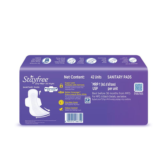 Stayfree Dry Max All Night XXl Dry Cover Sanitary Pads For Women With Wings, 42 Units