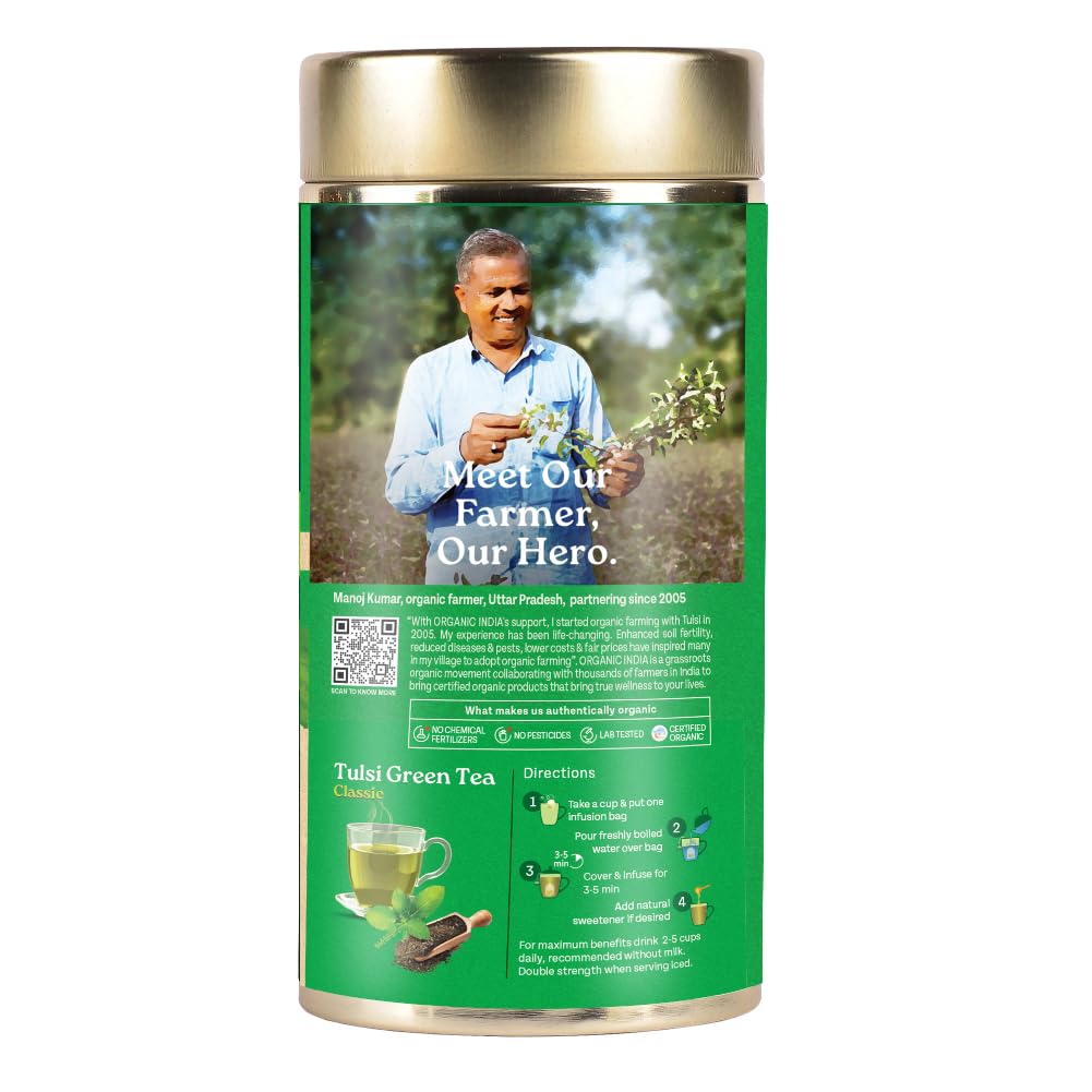 Organic India Tulsi Green Tea Classic Loose Leaves - 100g, Stress Relieving, Uplifts Mood, Rich in Antioxidants, Blend of Rama, Krishna