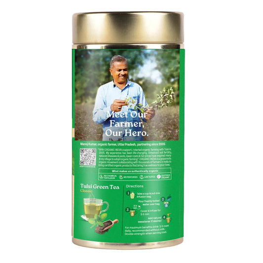Organic India Tulsi Green Tea Classic Loose Leaves - 100g, Stress Relieving, Uplifts Mood, Rich in Antioxidants, Blend of Rama, Krishna