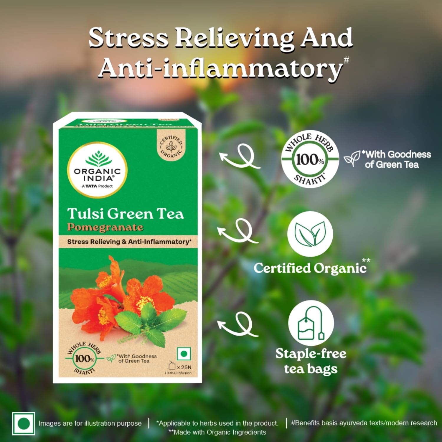A TATA Product - Organic India Tulsi Green Tea Pomegranate - 25 Tea Bags