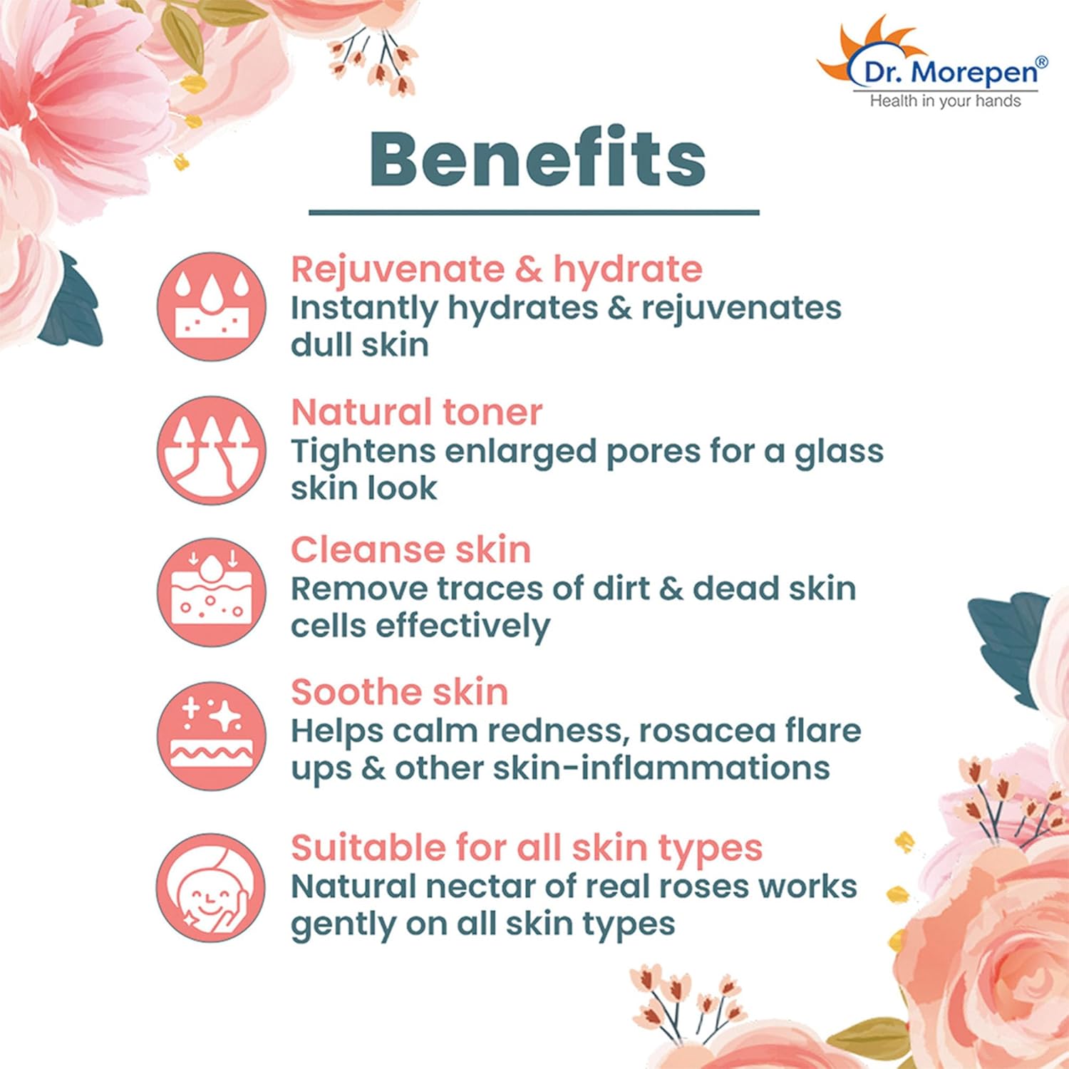 Dr. Morepen Pure & Natural Rose Water Spray for Face, Alcohol Free Toner - 100ml Pack of 4