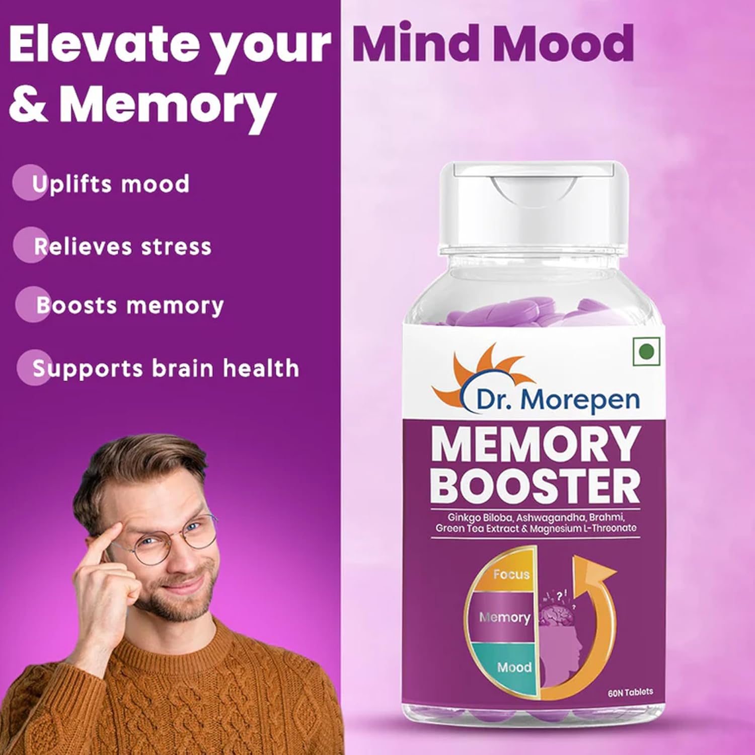 DR. MOREPEN Memory, Focus & Mood Tablets Enriched With GABA, Ashwagandha, Chamomile & Brahmi-Vitamins B1, B2, B3, Magnesium | Safe For Brain Health, Non-GMO & Preservatives Free-60 Tablets