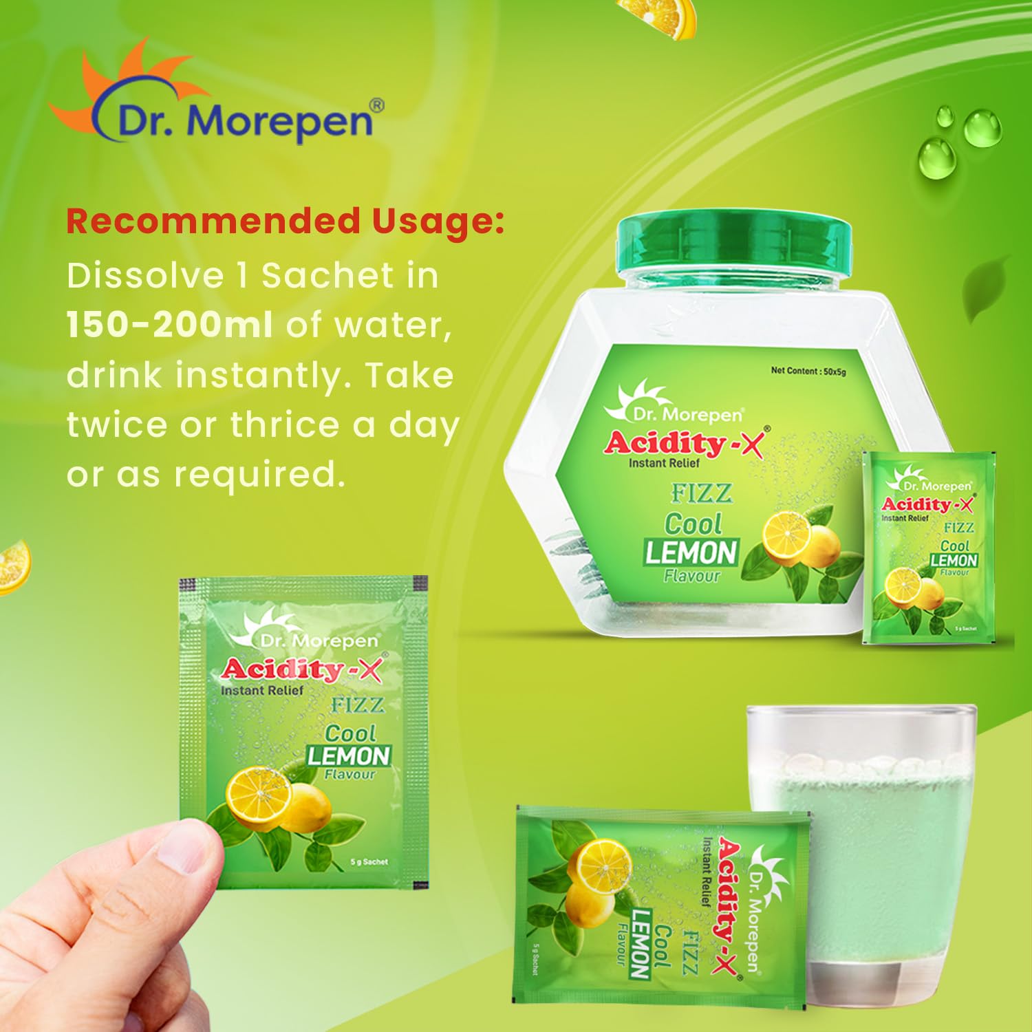 DR. MOREPEN Acidity-X Fizz - Instant Relief From Acidity, Indigestion & Gas | Comes in Refreshing & Tangy Lemon Flavour | Pack of 50 Sachets