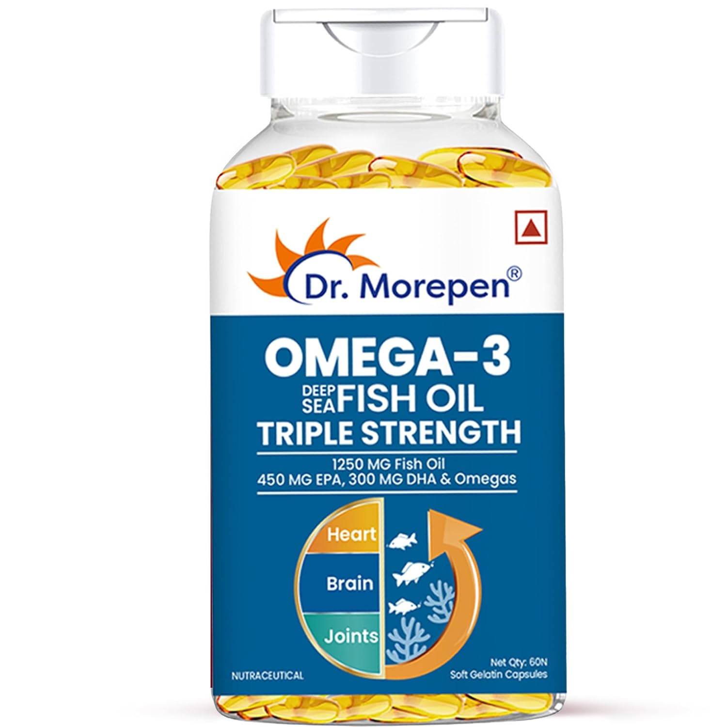 Dr. Morepen Omega-3 Fish Oil | 1250mg Triple Strength Fish Oil Softgel Capsules (450mg EPA & 300mg DHA) | For Joint & Heart Health (60 Capsules)