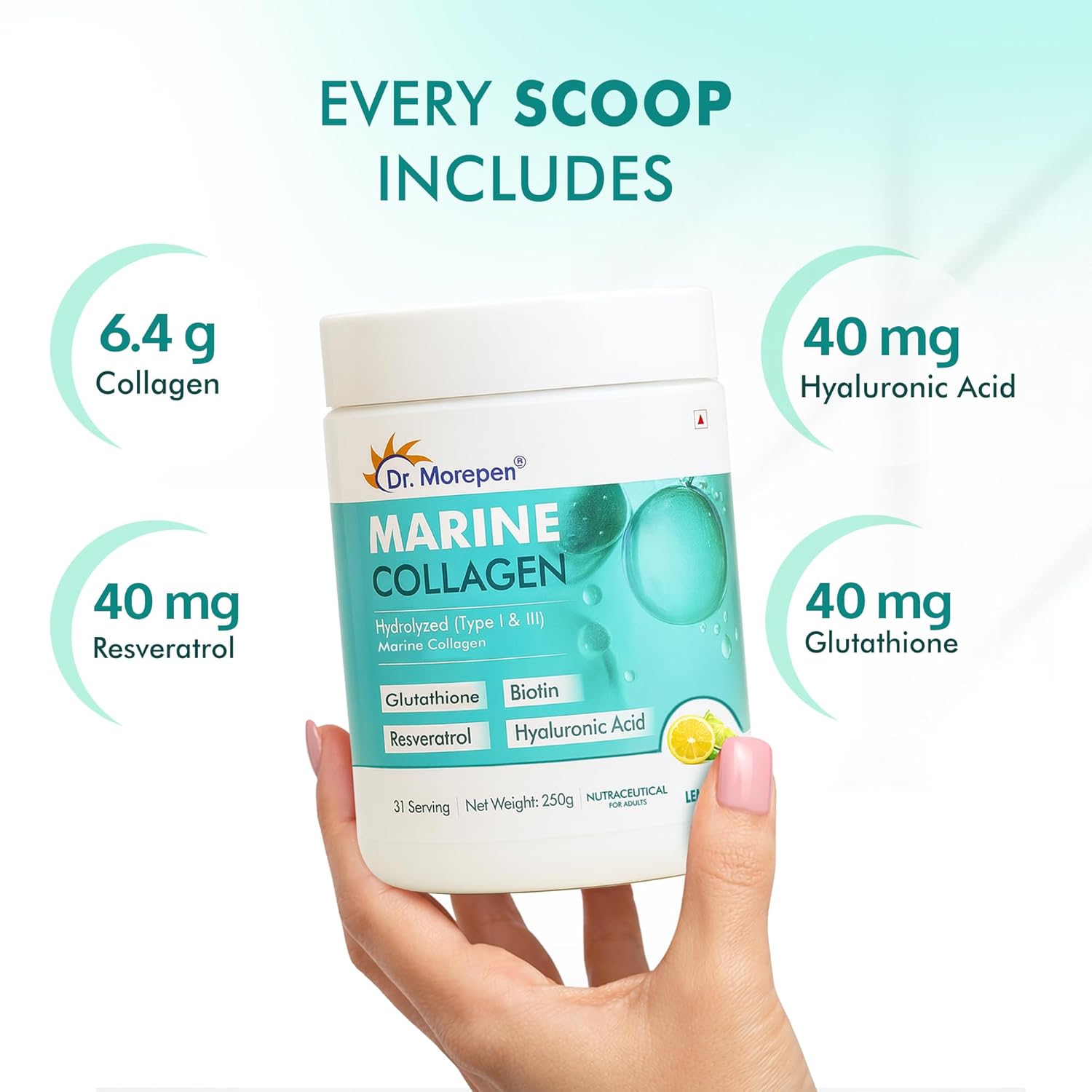 DR. MOREPEN Marine Collagen Powder | 6g Protein Per Serving | With Glutathione, Hyaluronic Acid, Resveratrol & Biotin for Skin, Hair & Joint Support, Lemon Lime Flavour, 31 Servings – 250g