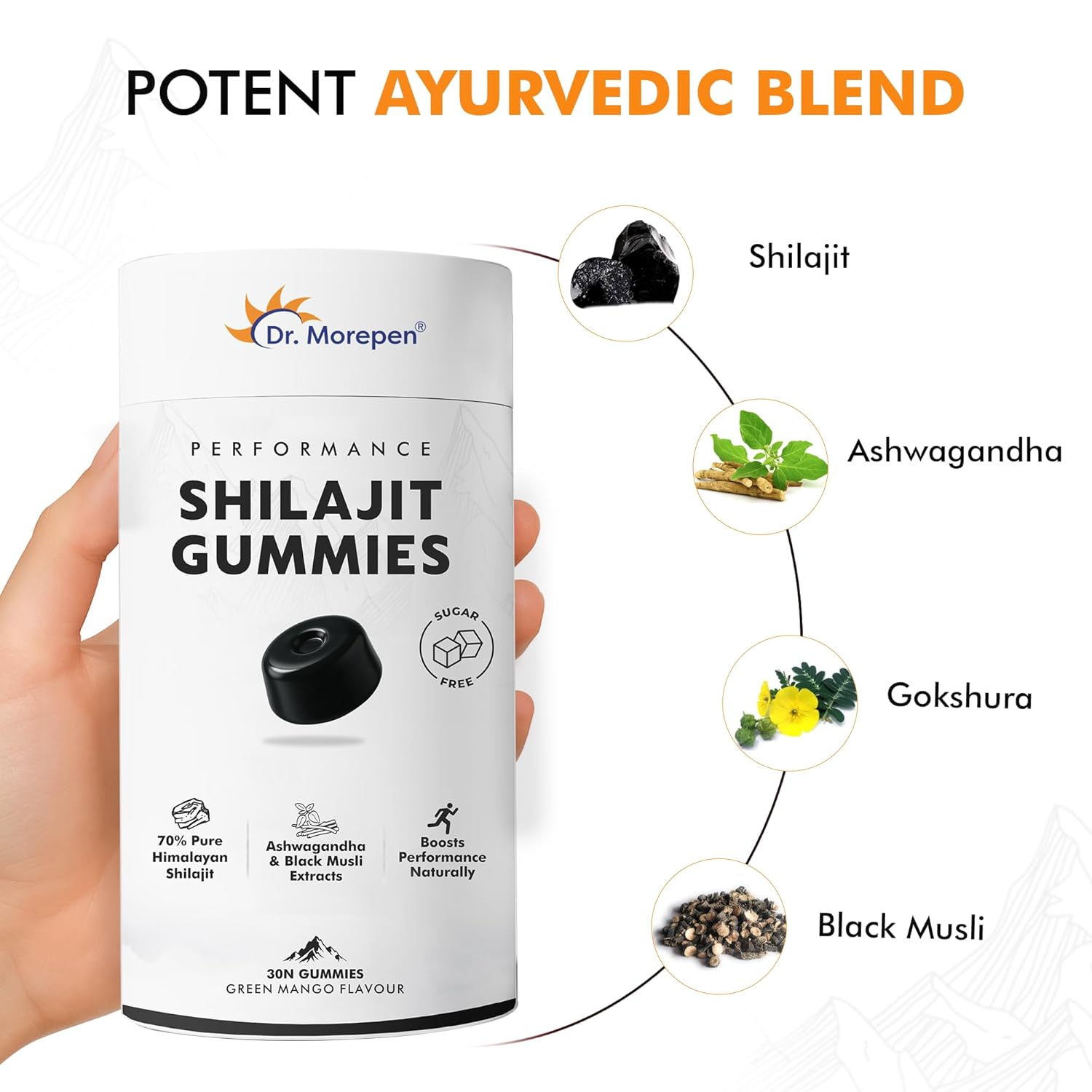Dr. Morepen Shilajit Gummies with 70% Pure Himalayan Shilajit, Ashwagandha & Black Musli Extracts, Sugar-Free Performance Booster – Green Mango Flavour, 30 Gummies