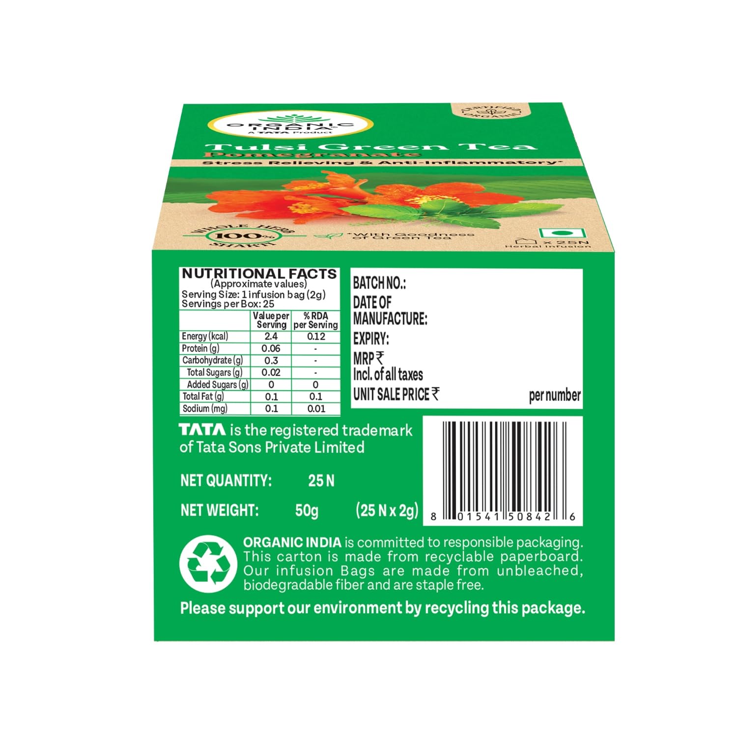 A TATA Product - Organic India Tulsi Green Tea Pomegranate - 25 Tea Bags