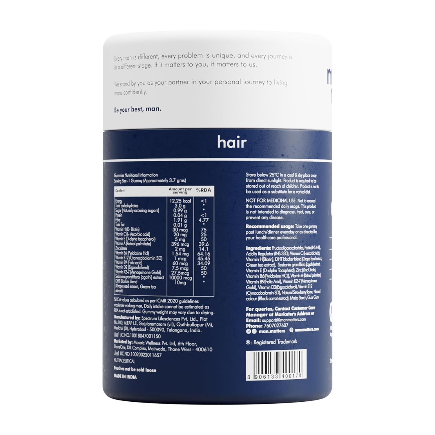 Man Matters Biotin Nourish Hair Gummies - Strawberry Flavor With Zinc & Multivitamins - 60 Gummies