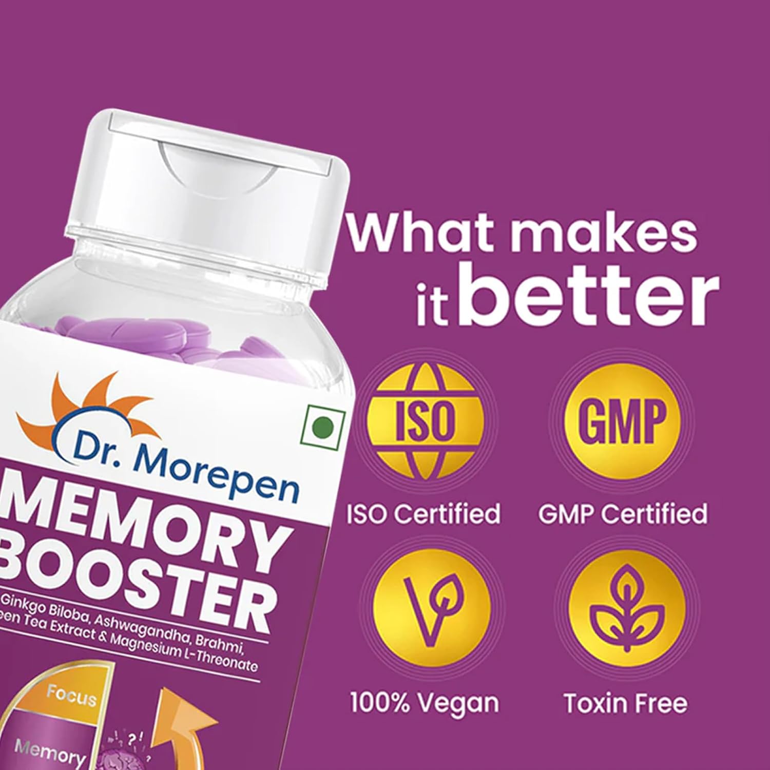 DR. MOREPEN Memory, Focus & Mood Tablets Enriched With GABA, Ashwagandha, Chamomile & Brahmi-Vitamins B1, B2, B3, Magnesium | Safe For Brain Health, Non-GMO & Preservatives Free-60 Tablets