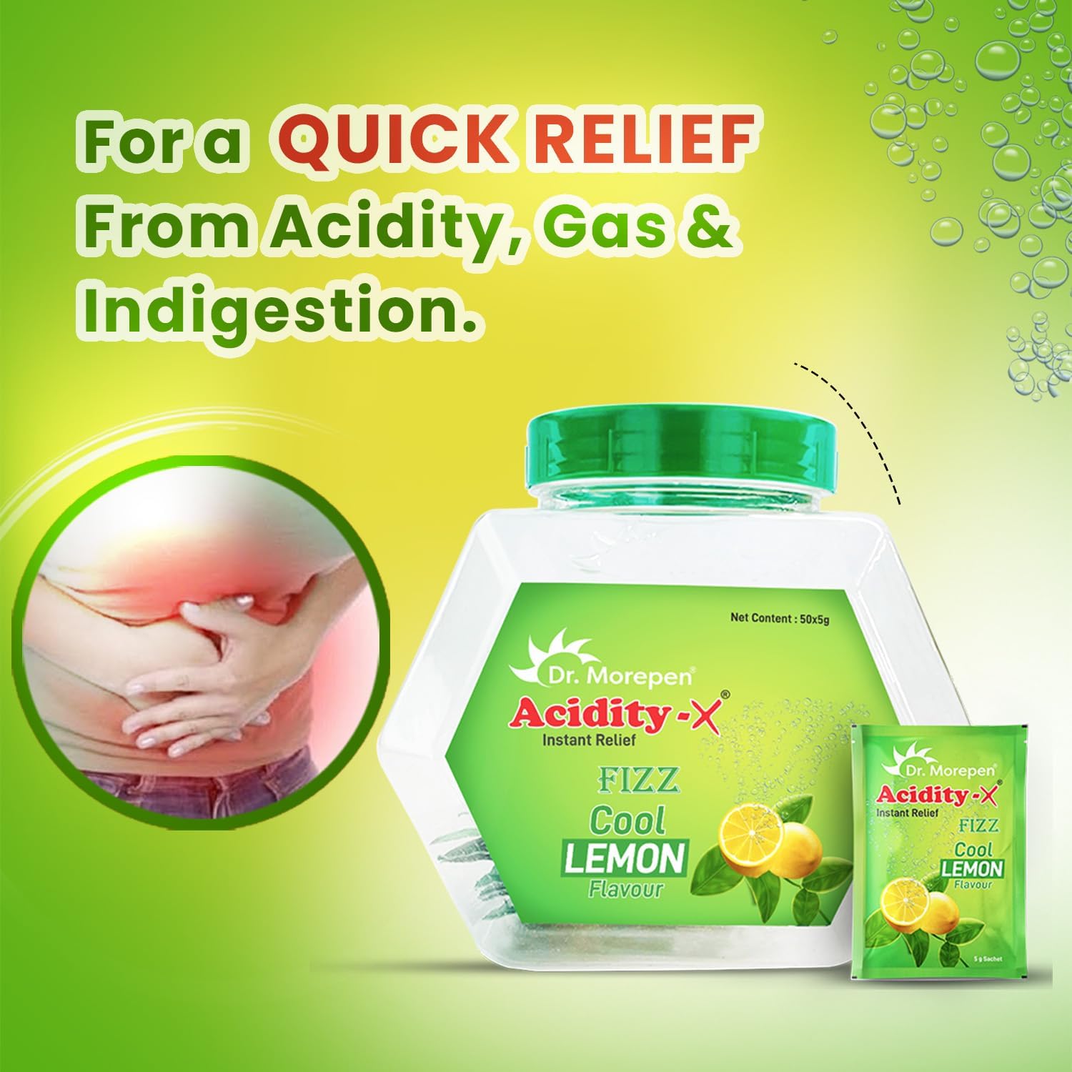 DR. MOREPEN Acidity-X Fizz - Instant Relief From Acidity, Indigestion & Gas | Comes in Refreshing & Tangy Lemon Flavour | Pack of 50 Sachets