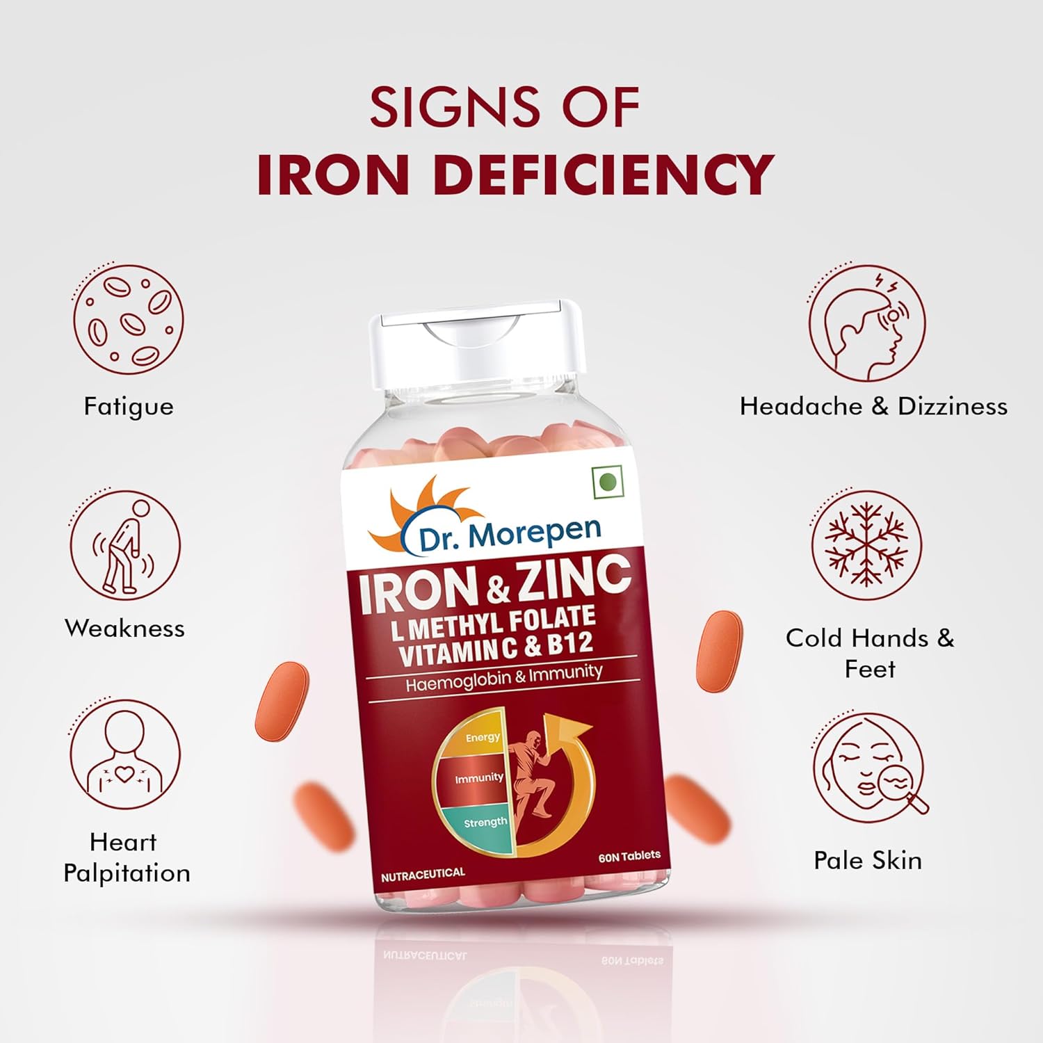 DR. MOREPEN Iron & Zinc Tablets | Enriched with Iron, Zinc, Vitamin C & B12 | Natural & Safe for Men and Women | 60 Veg Tablets