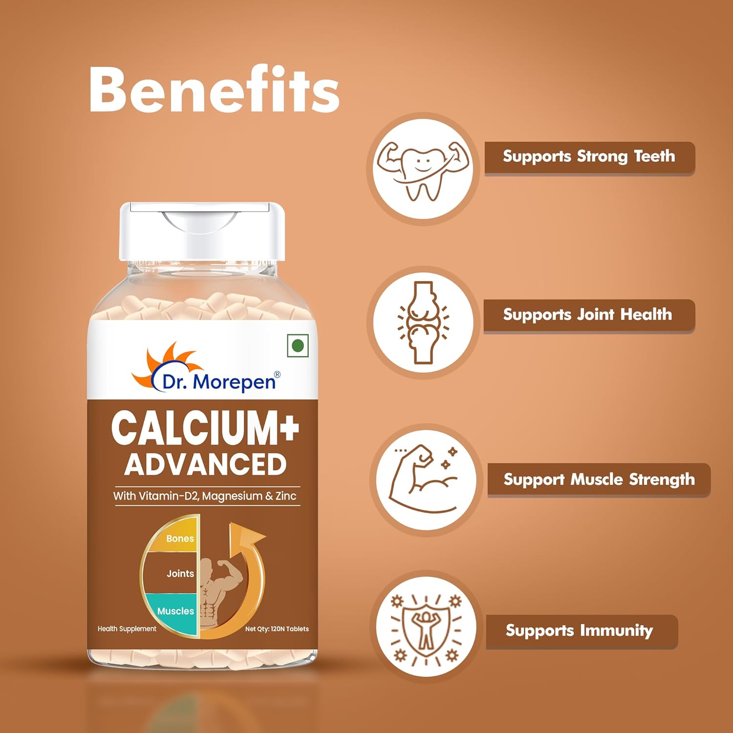 Dr. Morepen Calcium+ Advanced Tabs with Vitamin - D2, Magnesium & Zinc - 120 Veg Tablets for Women & Men Calcium & Vitamin D Tablets to support Strong Bones, Joints & Muscles
