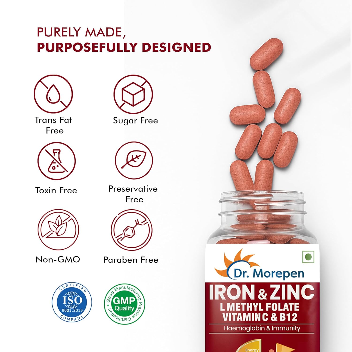 DR. MOREPEN Iron & Zinc Tablets | Enriched with Iron, Zinc, Vitamin C & B12 | Natural & Safe for Men and Women | 60 Veg Tablets