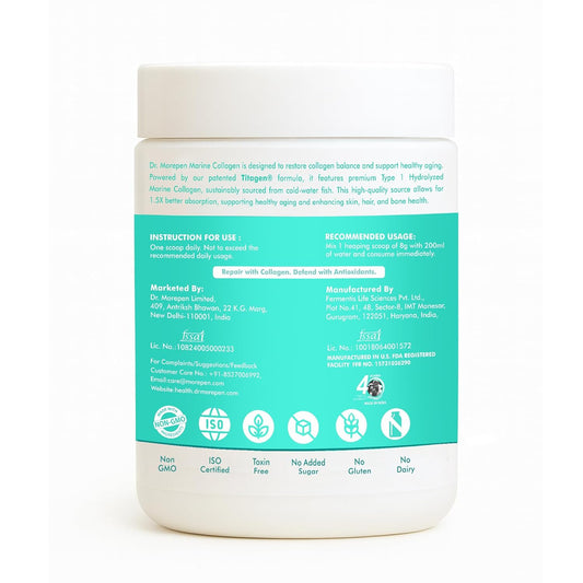 DR. MOREPEN Marine Collagen Powder | 6g Protein Per Serving | With Glutathione, Hyaluronic Acid, Resveratrol & Biotin for Skin, Hair & Joint Support, Lemon Lime Flavour, 31 Servings – 250g