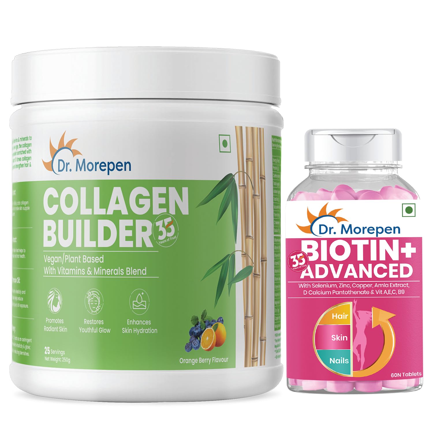 DR. MOREPEN Combo of Biotin+ 60 Veg Tablets & Natural Collagen Builder, Plant Based Collagen Powder Orange Berry Flavour - 250gm