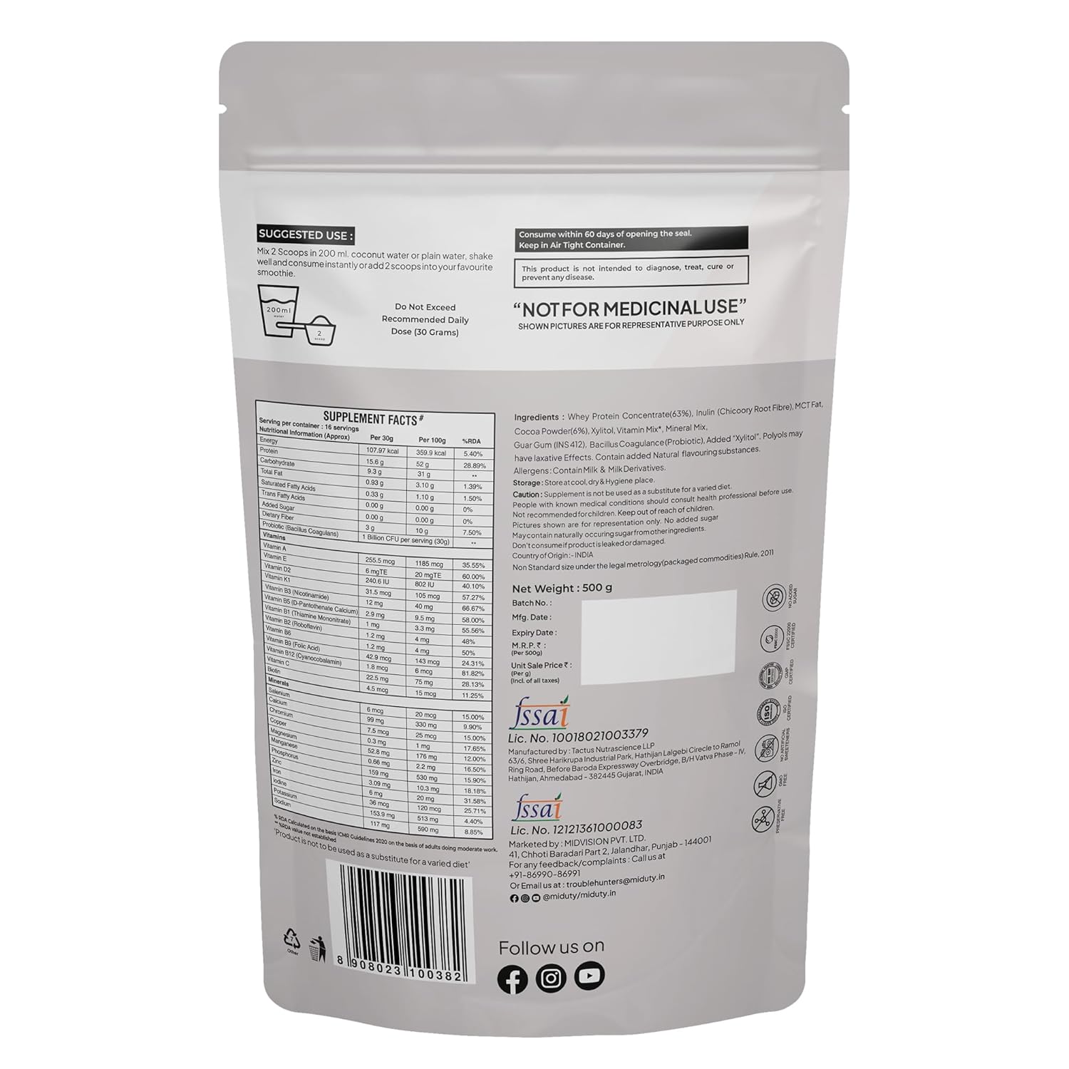 Miduty by Palak Notes Fit & Lean Protein Shake - Chocolate - 500 gm