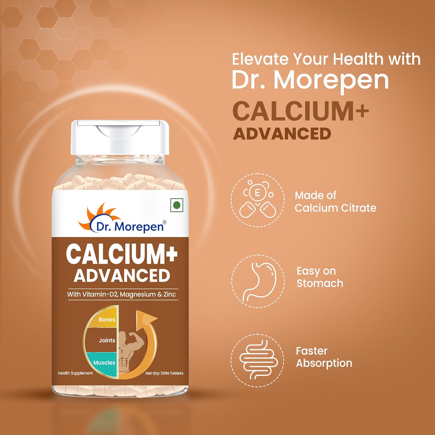 Dr. Morepen Calcium+ Advanced Tabs with Vitamin - D2, Magnesium & Zinc - 120 Veg Tablets for Women & Men Calcium & Vitamin D Tablets to support Strong Bones, Joints & Muscles
