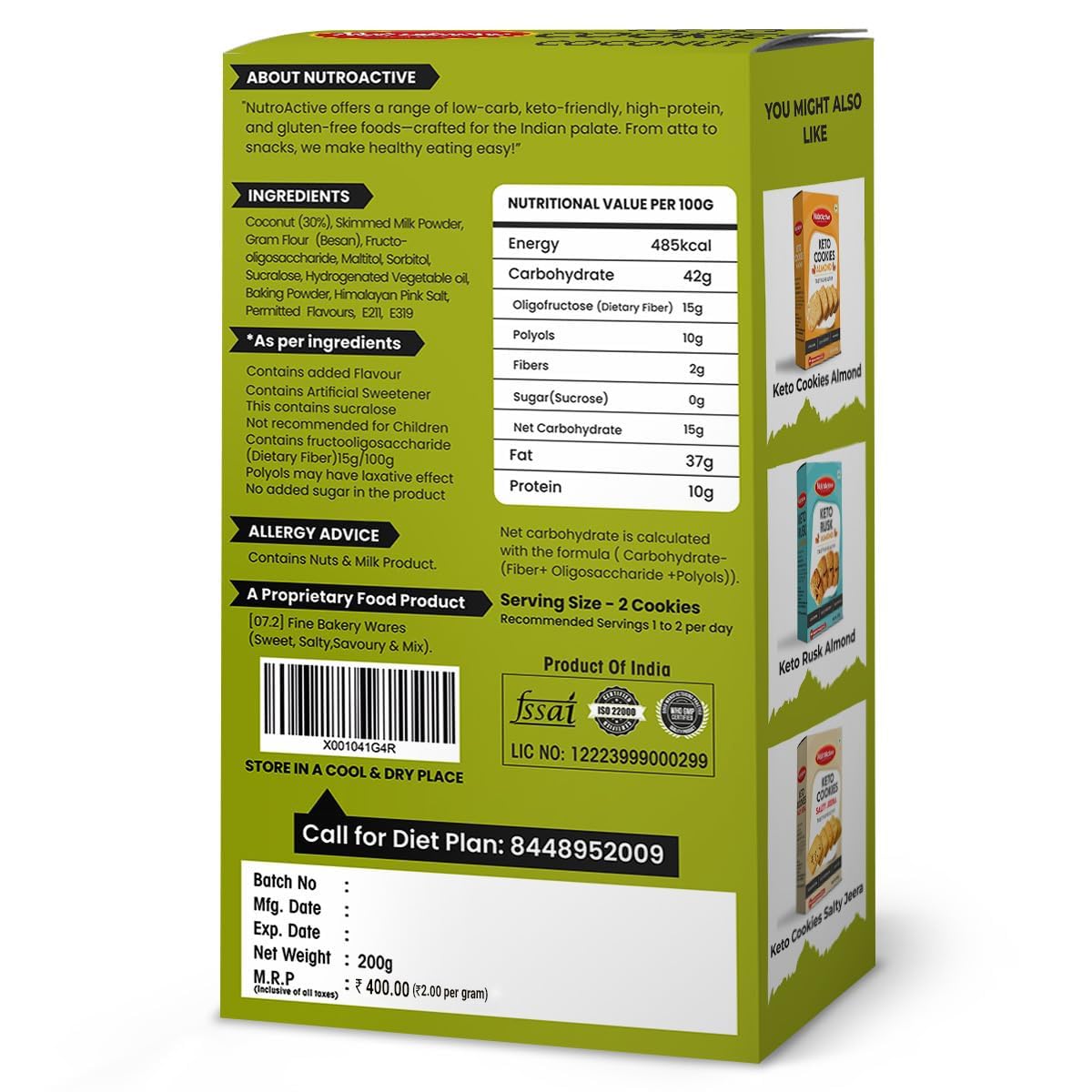 NutroActive Keto Coconut Cookies | Low Carb Cookie/Biscuits | Gluten-Free Biscuit- 200g