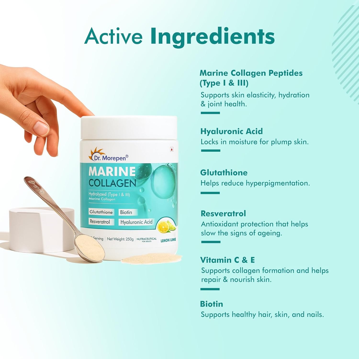 DR. MOREPEN Marine Collagen Powder | 6g Protein Per Serving | With Glutathione, Hyaluronic Acid, Resveratrol & Biotin for Skin, Hair & Joint Support, Lemon Lime Flavour, 31 Servings – 250g