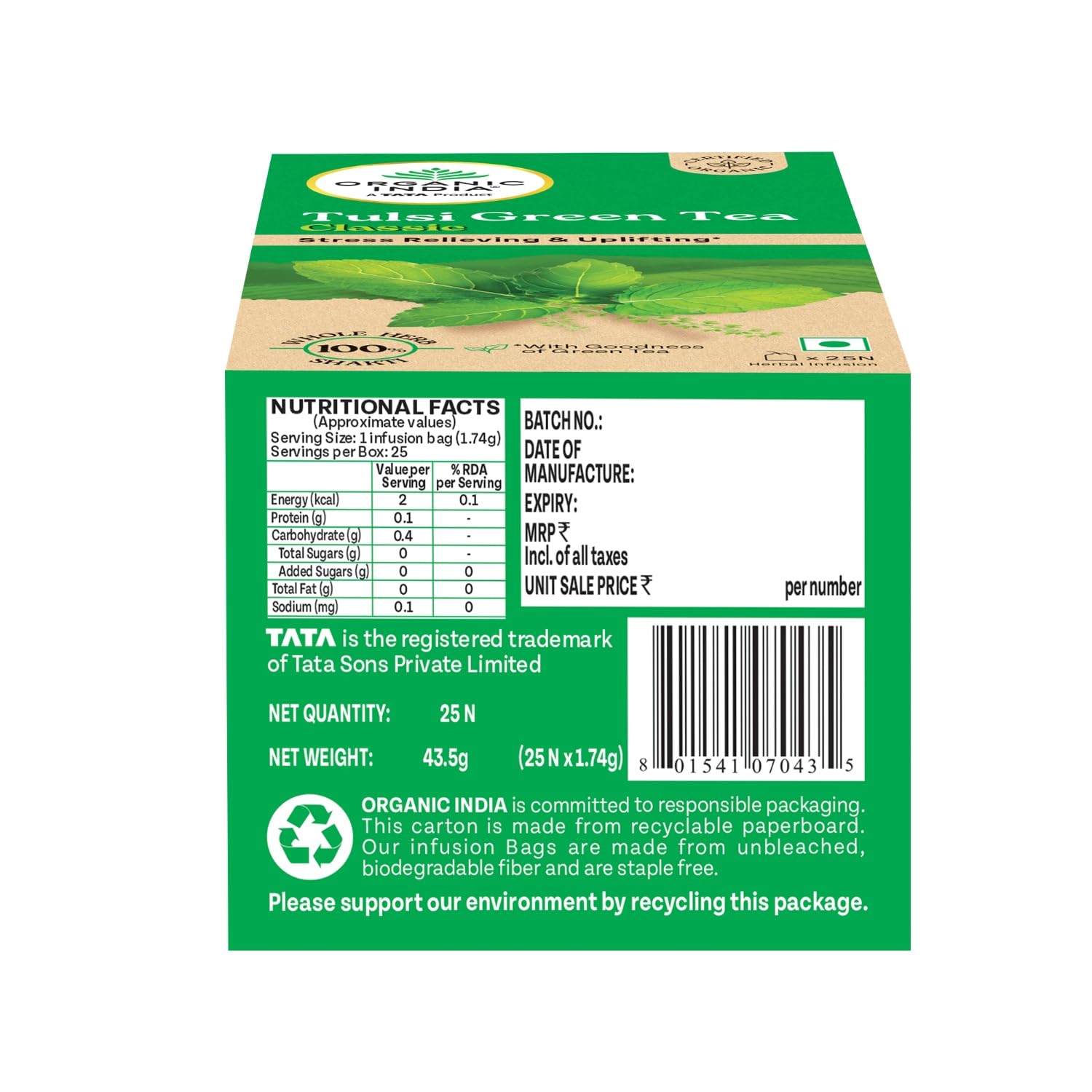 A TATA Product - Organic India Tulsi Green Tea Classic - 25 Tea Bags