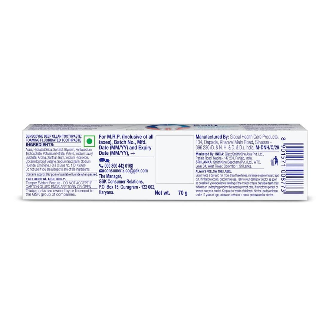 Sensodyne Toothpaste Deep Clean | Daily Sensitivity Protection Tooth Paste Pack of 1 - 70gm | Dentist Recommended