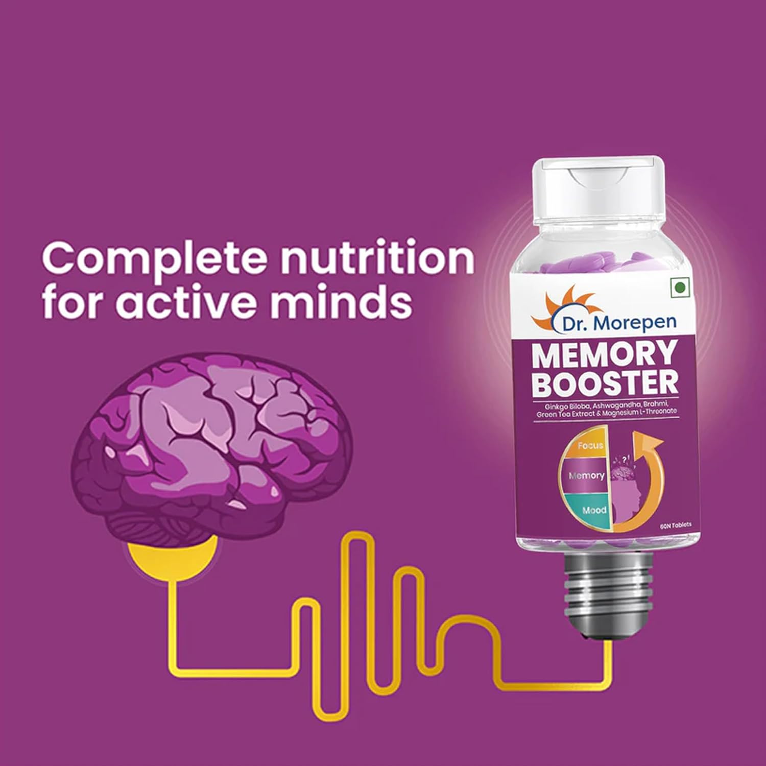 DR. MOREPEN Memory, Focus & Mood Tablets Enriched With GABA, Ashwagandha, Chamomile & Brahmi-Vitamins B1, B2, B3, Magnesium | Safe For Brain Health, Non-GMO & Preservatives Free-60 Tablets