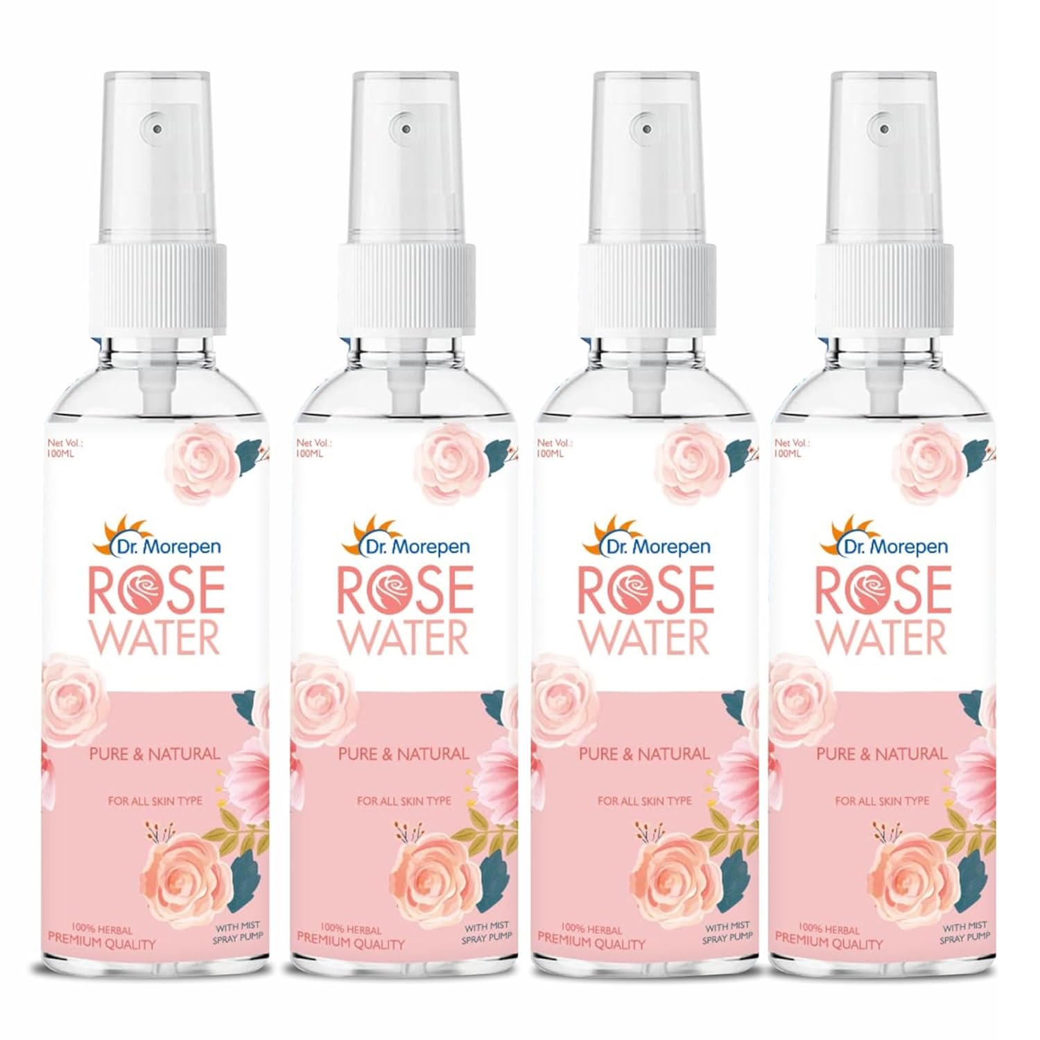Dr. Morepen Pure & Natural Rose Water Spray for Face, Alcohol Free Toner - 100ml Pack of 4