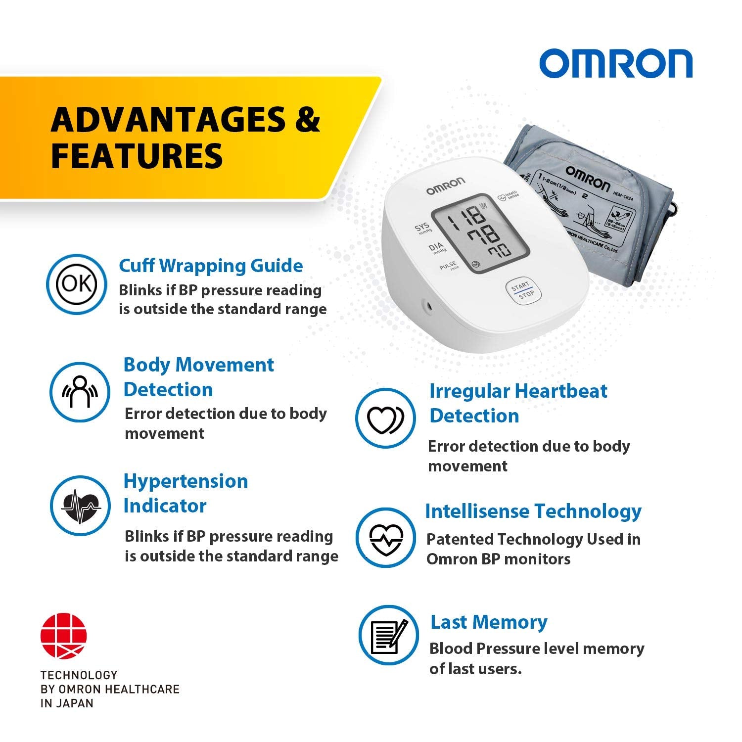 HEM-7121J Omron Digital Arm Blood Pressure Monitor with Intellisense Technology & Cuff Wrapping Guide for Most Accurate Measurement
