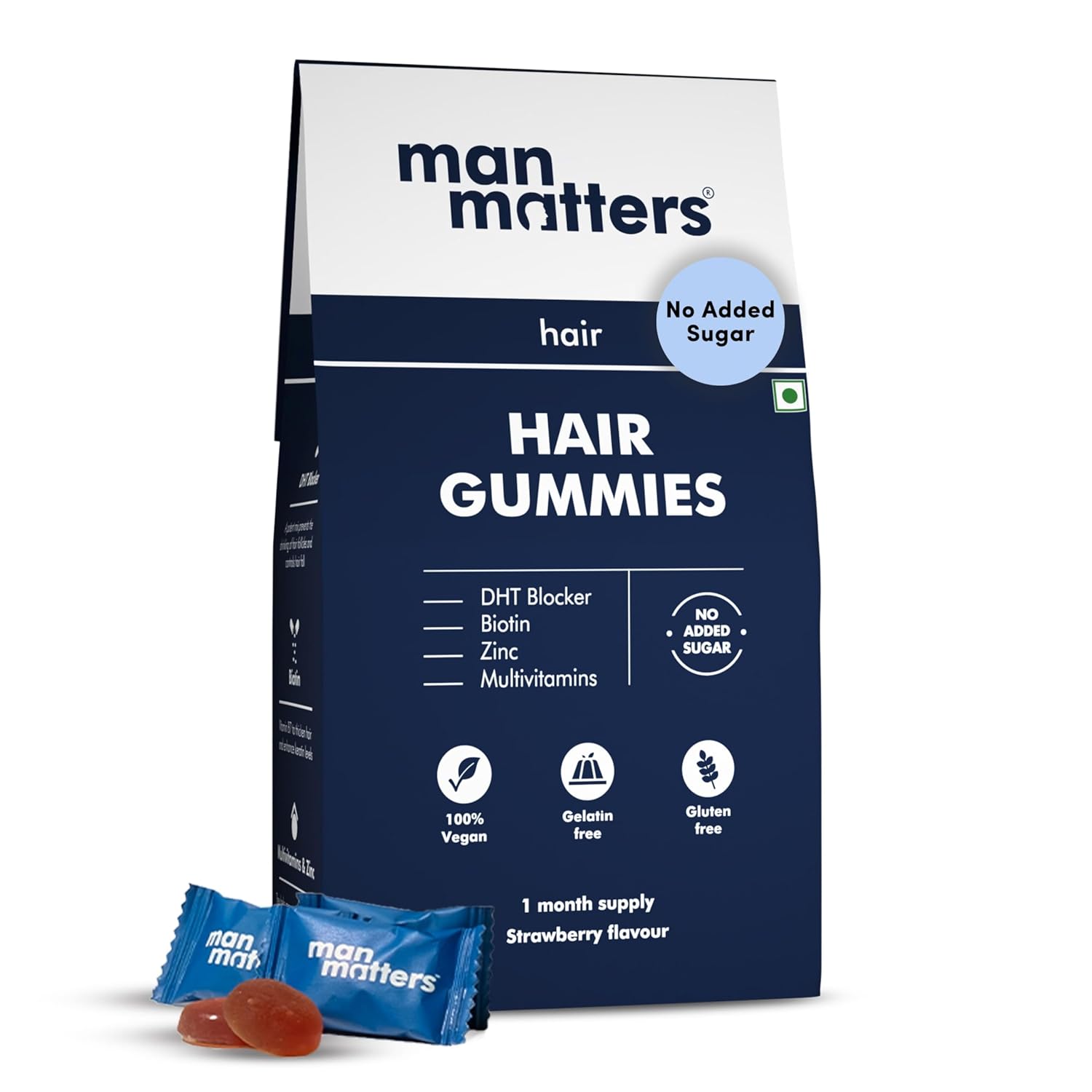 Man Matters Biotin Nourish Hair Gummies With Multivitamins (Sugar Free) - Strawberry Flavor With Zinc & Multivitamins - 30 Gummies