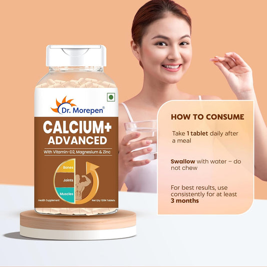 Dr. Morepen Calcium+ Advanced Tabs with Vitamin - D2, Magnesium & Zinc - 120 Veg Tablets for Women & Men Calcium & Vitamin D Tablets to support Strong Bones, Joints & Muscles