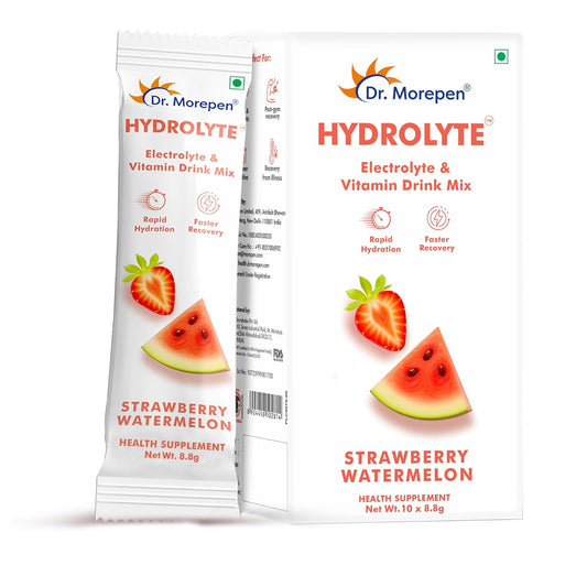 Dr. Morepen Hydrolyte Electrolyte & Vitamin Drink Mix for Rapid Hydration & Faster Recovery, Strawberry Watermelon Flavour – 10 Sachets
