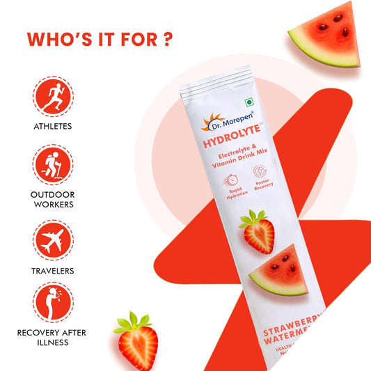 Dr. Morepen Hydrolyte Electrolyte & Vitamin Drink Mix for Rapid Hydration & Faster Recovery, Strawberry Watermelon Flavour – 10 Sachets
