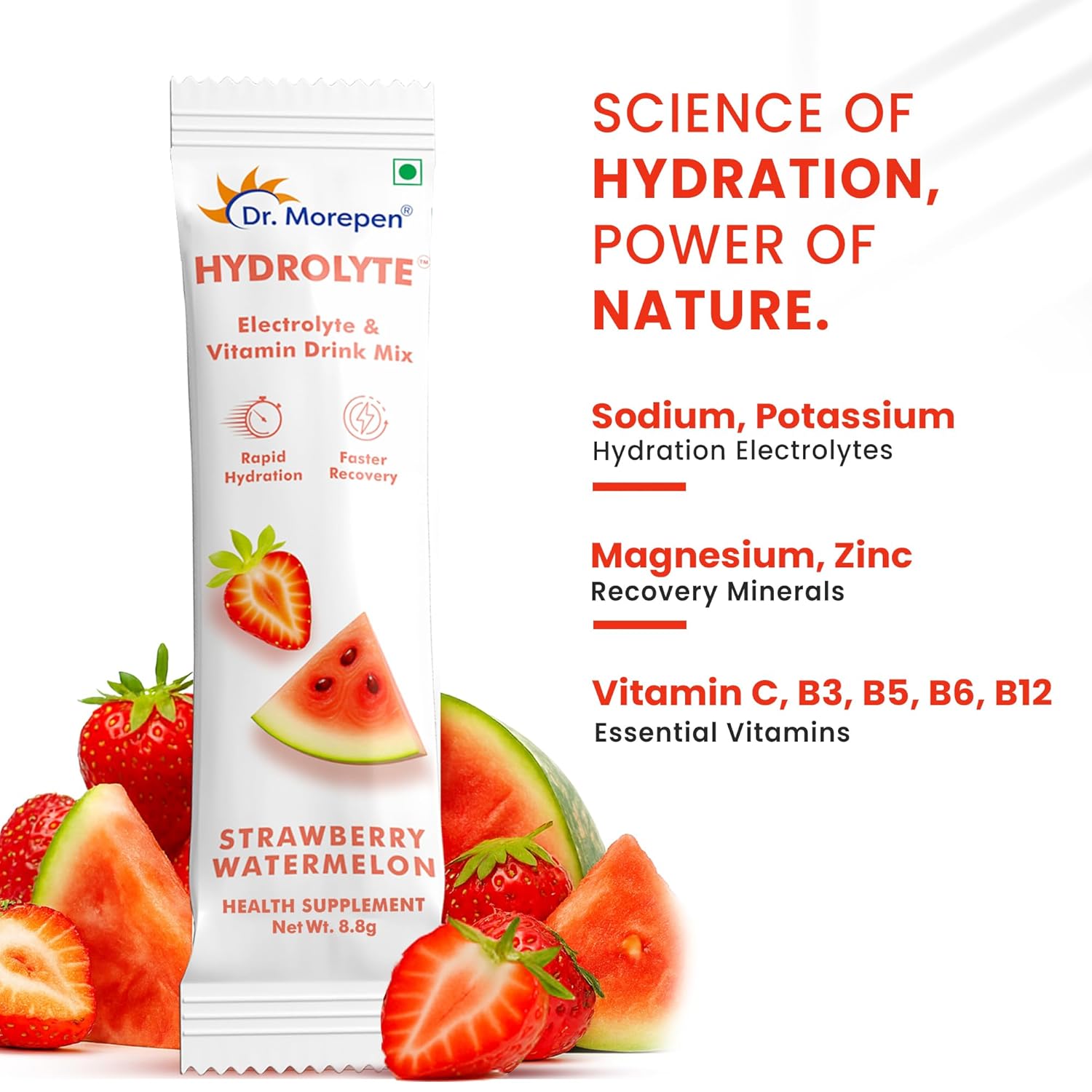 Dr. Morepen Hydrolyte Electrolyte & Vitamin Drink Mix for Rapid Hydration & Faster Recovery, Strawberry Watermelon Flavour – 10 Sachets