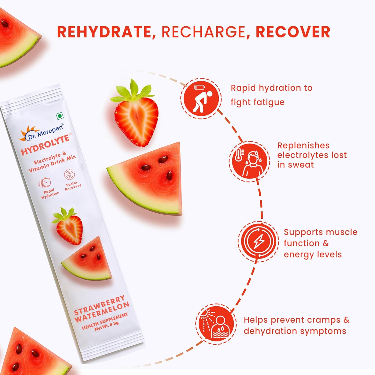 Dr. Morepen Hydrolyte Electrolyte & Vitamin Drink Mix for Rapid Hydration & Faster Recovery, Strawberry Watermelon Flavour – 10 Sachets