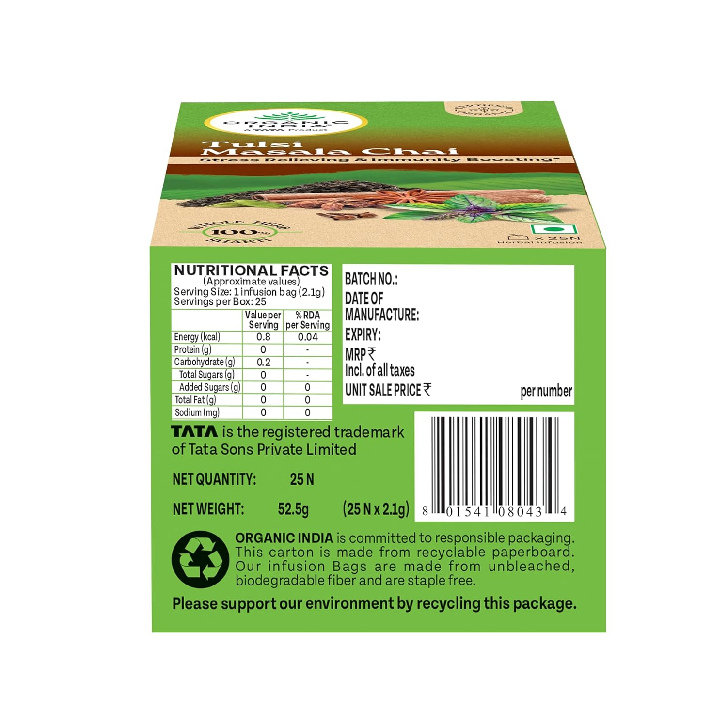 A TATA Product - Organic India Tulsi Masala Chai, 25 Tea Bags